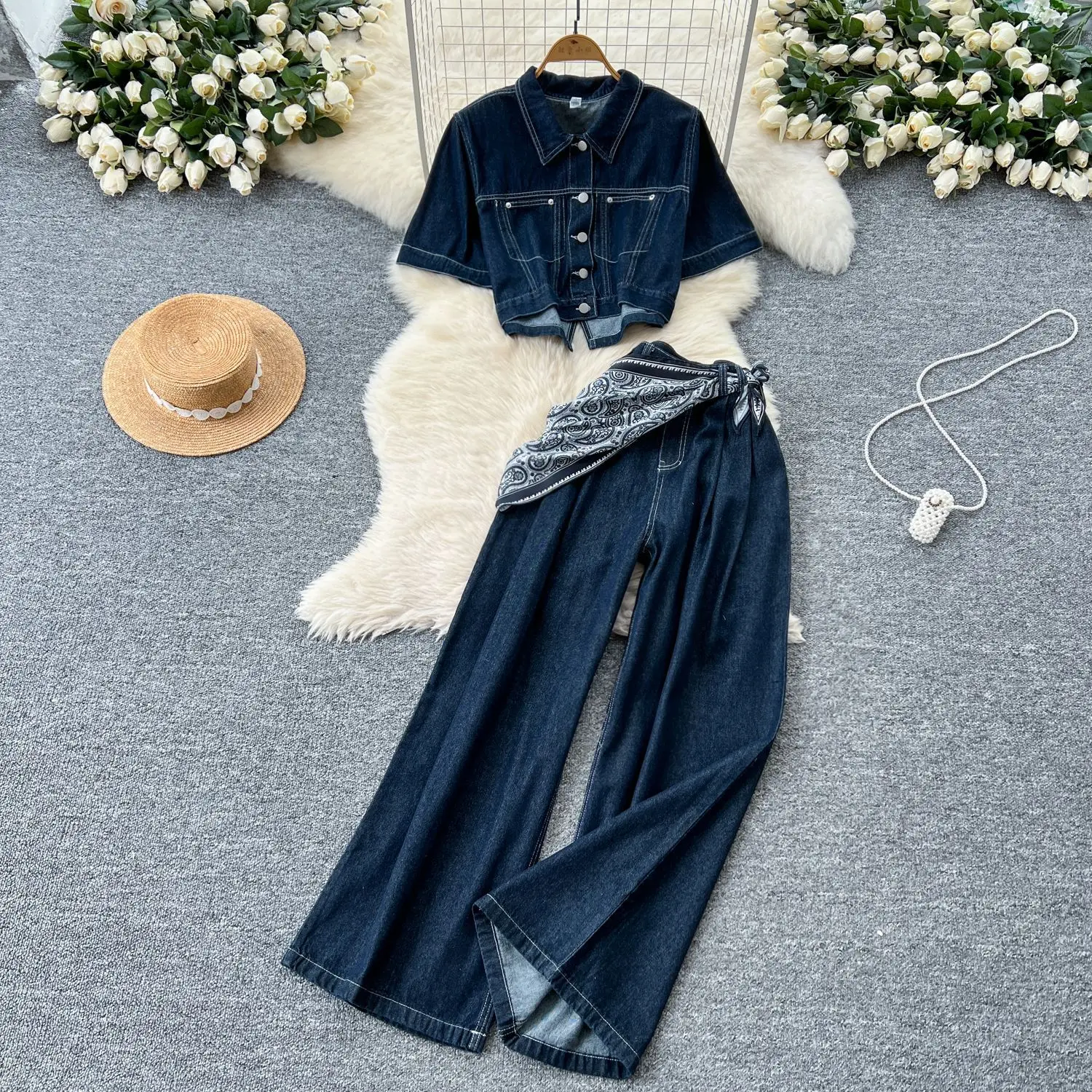Jeans 2 Piece Set Women Summer Top Wide Leg Pants Suit Turn Down Collar Single Breasted Ensemble Washed Denims Outfits 2025