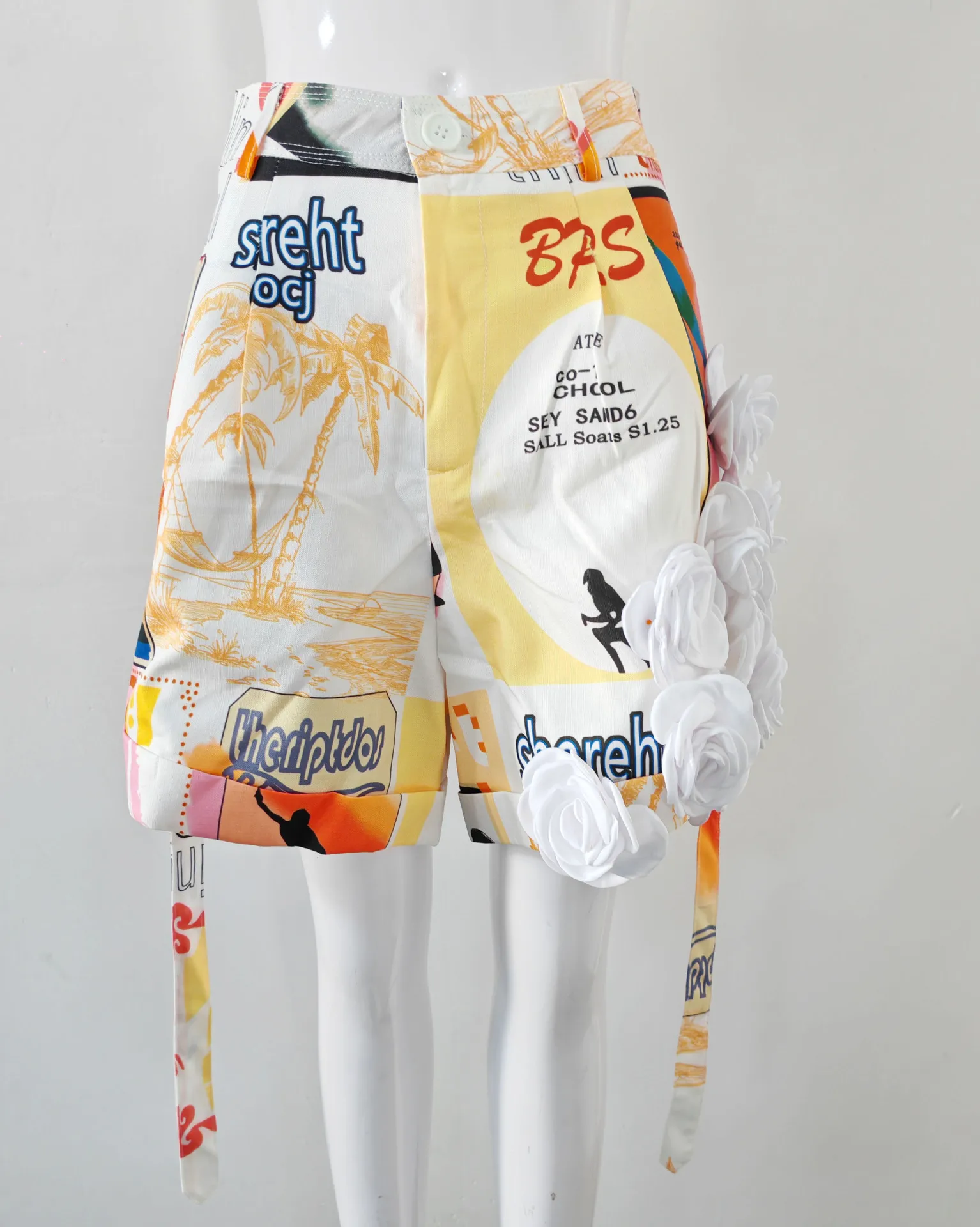 

Hawaii Vacation Style Beach Short Pants Loose Print 3D Flowers Splicing Zipper Shorts 2025 Summer New Arrival Street Fashion
