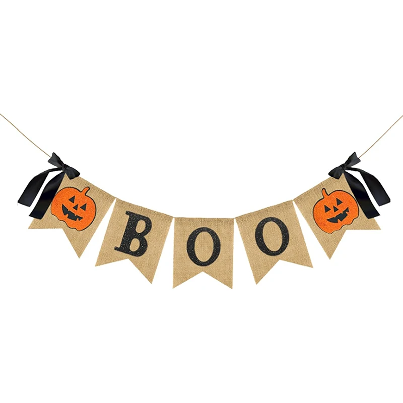 

Halloween Burlap Banner Pumpkin Boo Bunting Flag Bow Rustic Hanging Garland Farmhouse Mantel Fireplace Home Party Decoration