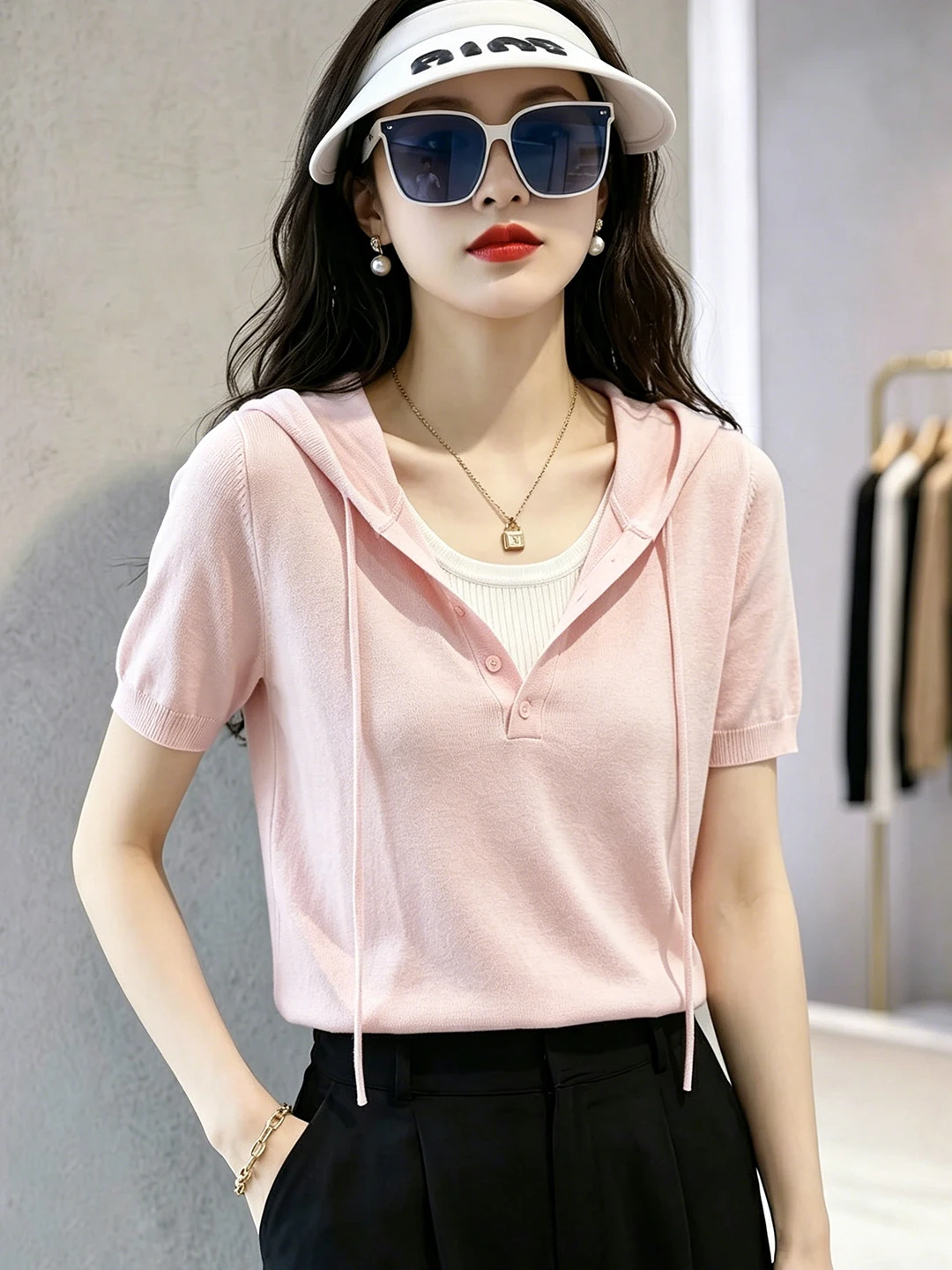 Korean Style Hooded Knitwear Simple Short Sleeve Overhead Design Summer Fashionable Sun Protection Top Women's Commute Wear