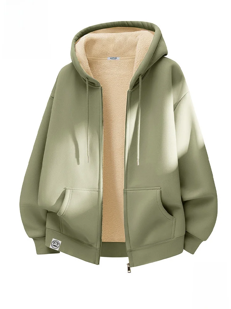 

Thiened Lamb Velvet Hooded Jaet Men's Winter Warmth Zipper Sle Long Sve Sweatirt with Fce Inner