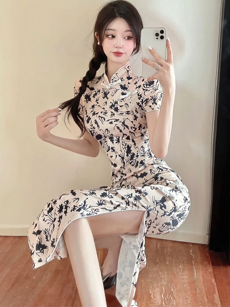 Zomer Print Korte Mouw Stand Kraag Slit Lange Jurk Vrouwen Vintage Bodycon Cheongsam Jurk 2025, Koreaanse Elegante Luxe Vestidos