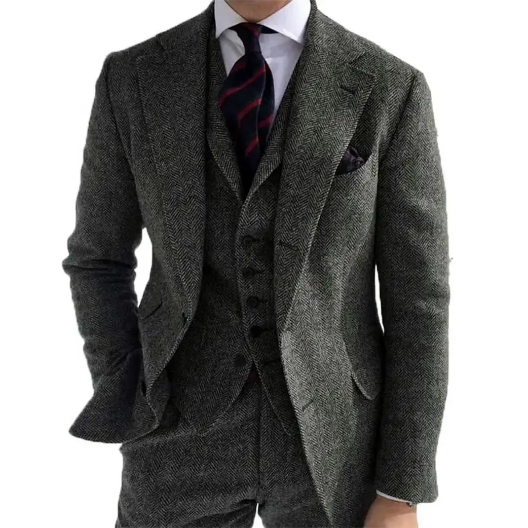 Gray/Brown 3 Pieces Mens Business Suits Wool Classic Herringbone Pattern Groom Tweed Tuxedos for Wedding (Blazer+Pants+Vest)