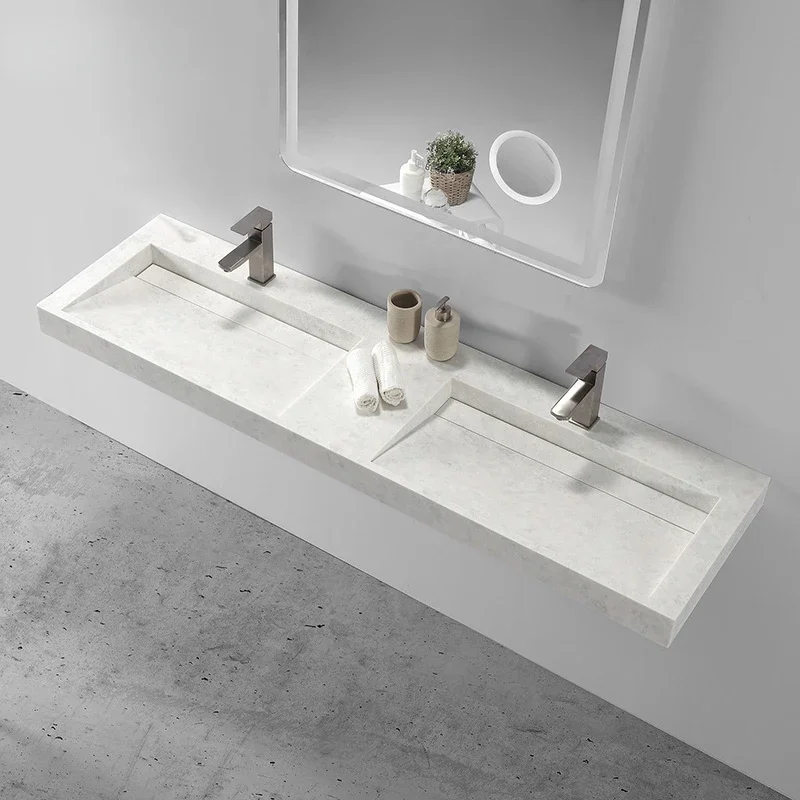 Long Artificial Marble square stone sink bathroom wall hung vanity double wash basin for project