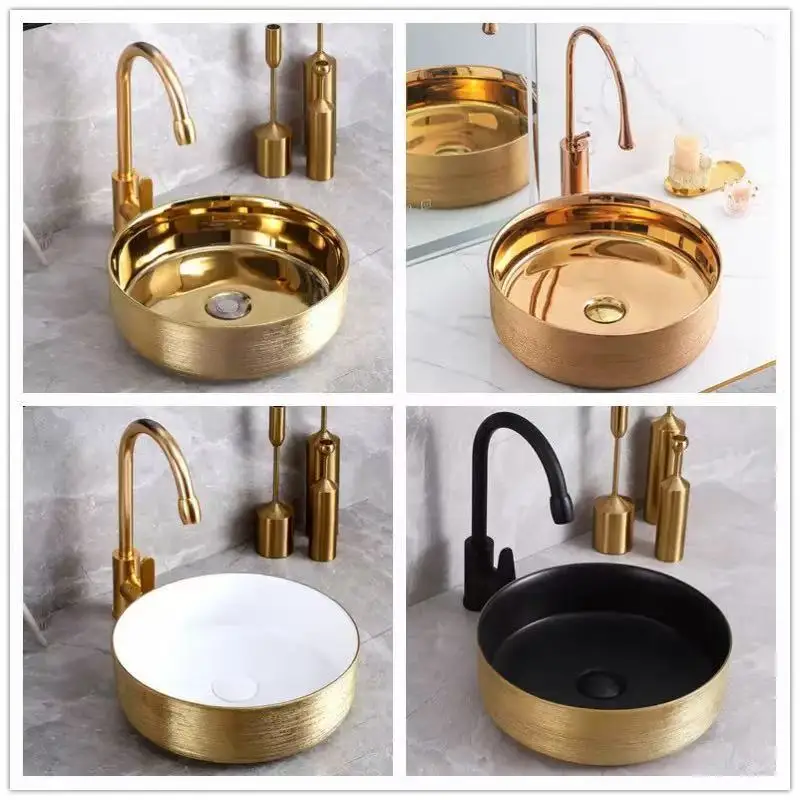 

Customize Bathroom Sanitary Ware Gold Color Round Modern Design Countertop Basin Sink