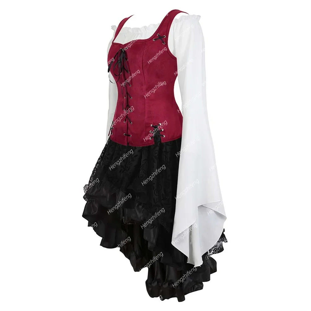 Steampunk Corset Bustier Skirt 3 Piece Outfits Lace Up Basque Vintage Corsage Vest with Blouse Set Viking Costume Plus Size