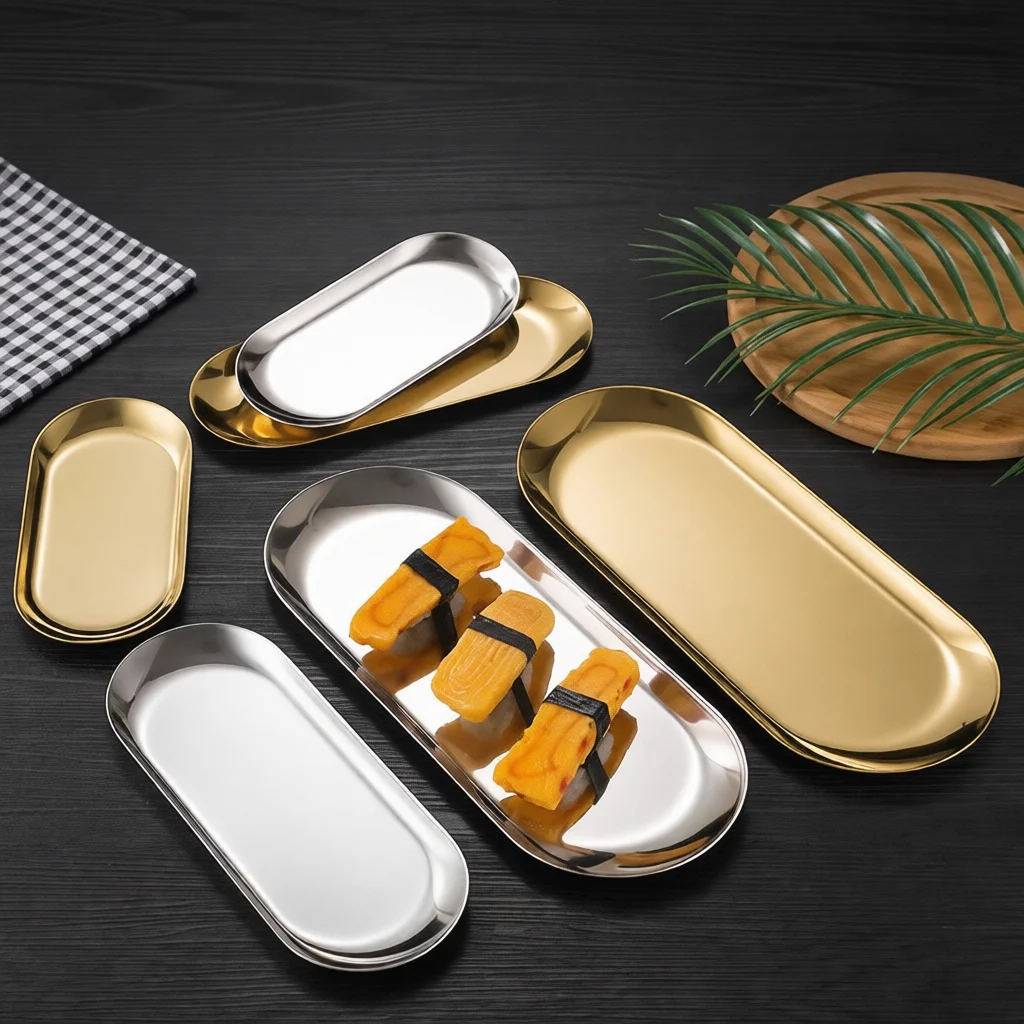 Durable Stainless Steel Oval Tray Gold Serving Dish Minimalist Food Plate For Fruits Dessert Kitchen Storage Decor Items