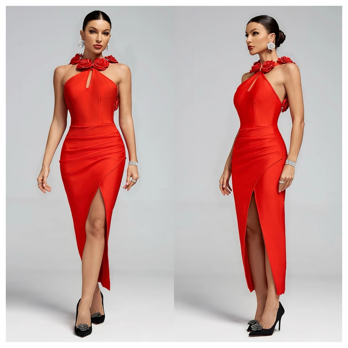 فستان سهرة من الساتان الأحمر الرقيق حسب الطلب برقبة دائرية بدون أكمام للمناسبات الخاصة مفتوح الظهر مزاجه الزهور الناعمة