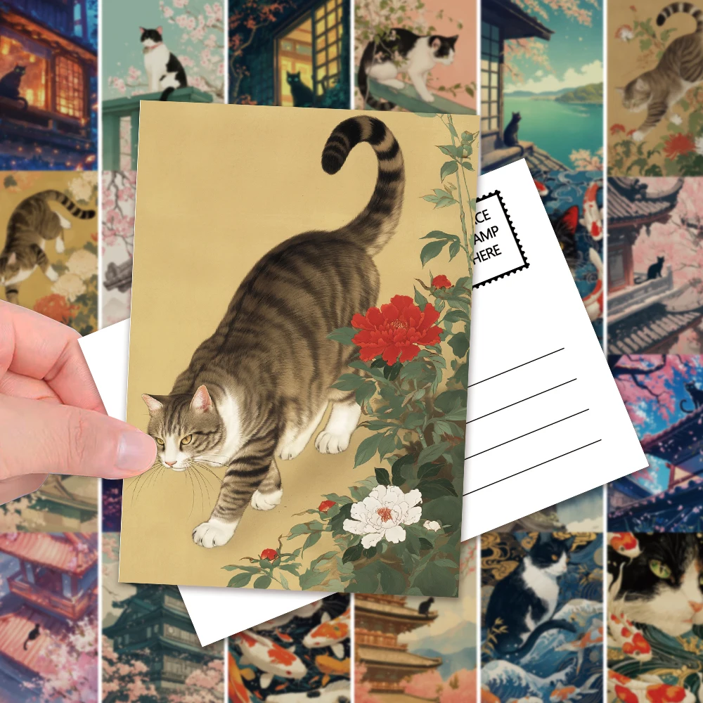 32 Stück japanische Katzenpostkarten, Ukiyo-E-Stil, süße Katzenposter, Wohnzimmer-Dekorationsaufkleber, Weihnachtsgeschenk, Schlafzimmerdekoration – Detail 6