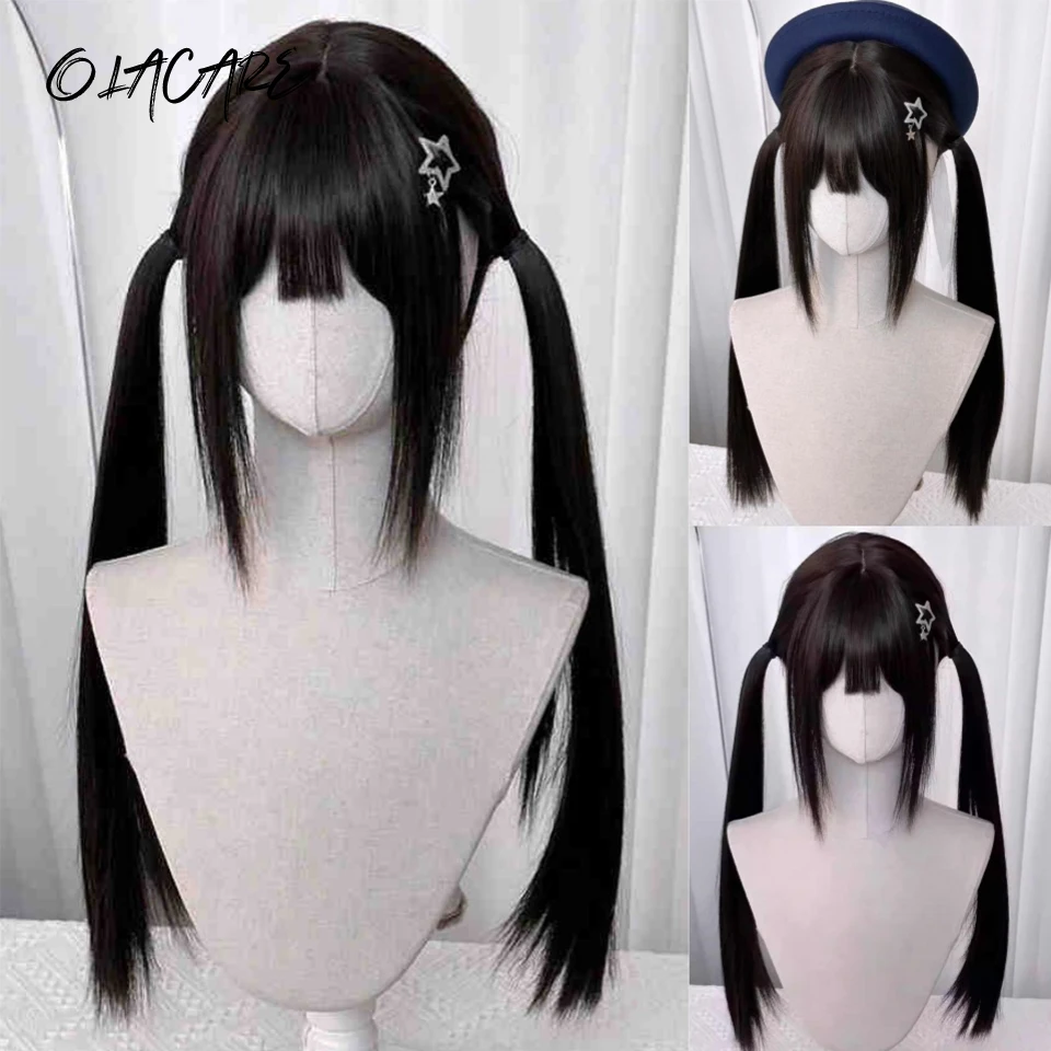 OLACARE Synthetic Long Straight Lolita Wig with Bangs Wig Girl Purple Blue Blonde Black Cosplay Party Halloween Harajuku Wig