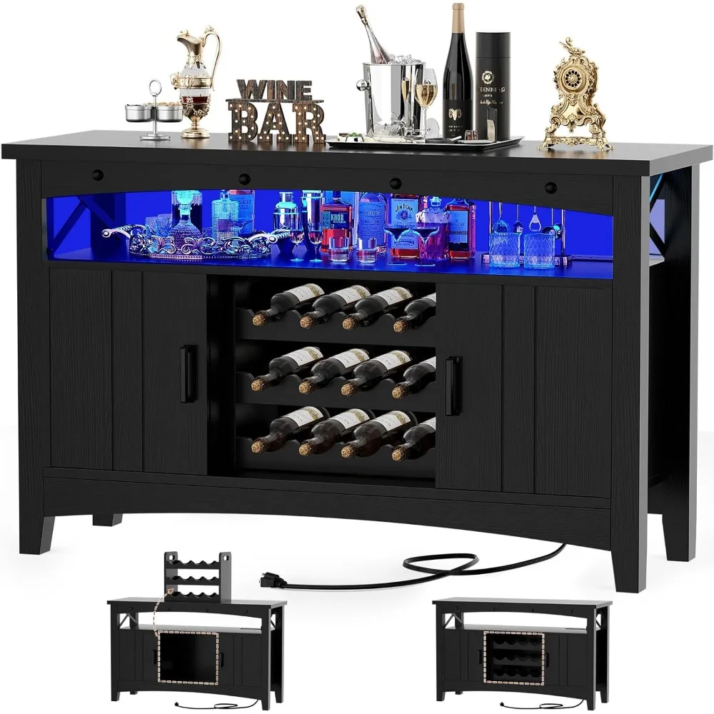 

Farmhouse Bar Cabinet with Power Outlets, Liquor Cabinet for Home with LED Lights, Wine Bar Cabinet with Storage, Customized