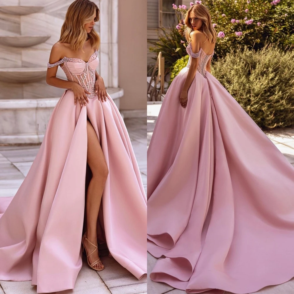 

Customized Temperament Satin A-Line Evening Dress Luxury Beading Prom Dresses Sparkly Crystal Special Occasion Gowns