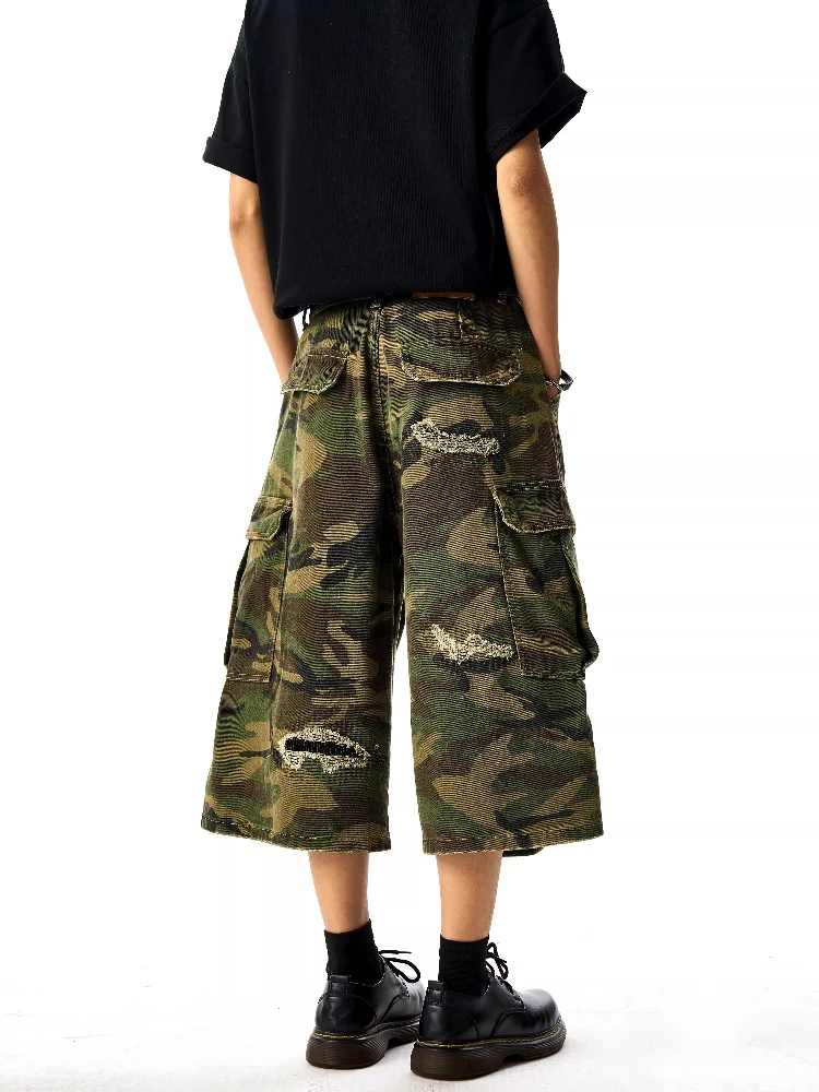 Retro americano Waed camuflaje siete pies hombres destruidos sueltos pierna ancha orts ropa Casual tendencia juvenil Jeans ropa de trabajo