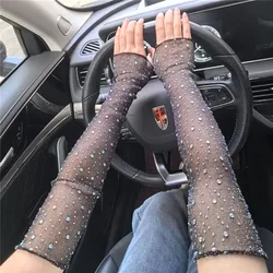 Summer Breathable Mesh Diamond Sequin Elasticity Fingerless Gloves Driver Sunscreen Fashion Personality Stage Performance Sleeve