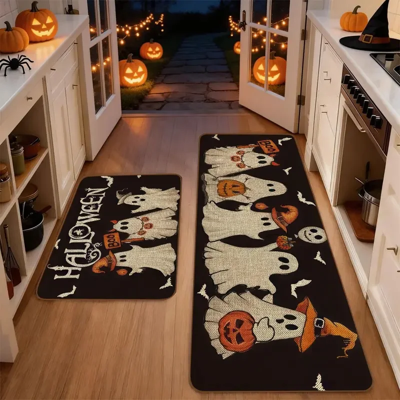 VIKAMA 1/2pcs Halloween Happy Kitchen Carpet Ghost Pumpkin Dining Room Non-Slip Mat Bedroom Porch Mat Home Decor
