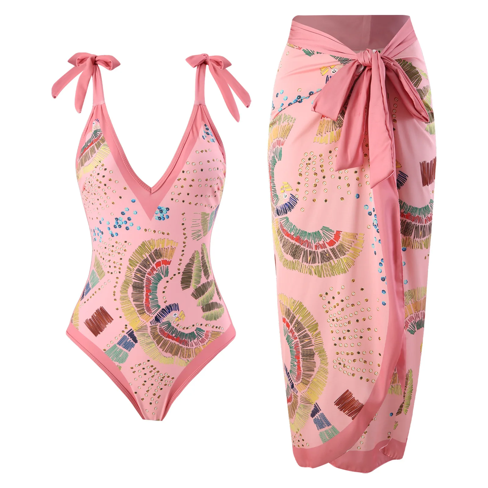 2024 Pure pink printed drill one-piece bathing suit beach hot spring gauze skirt two-piece set