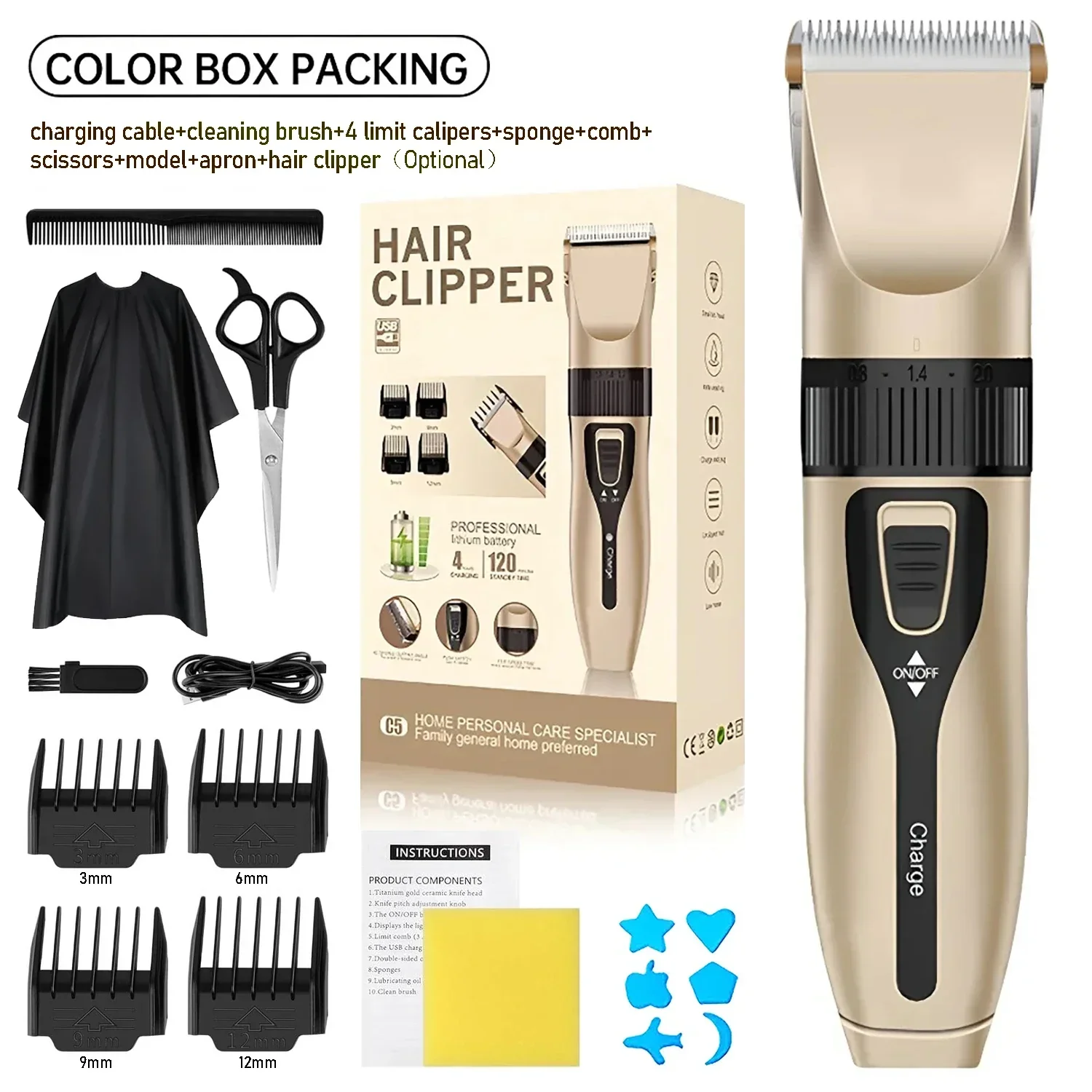 Professional Electric Hair Clipper Set, Low-Noise Long-Lasting Hair Trimmer, USB Rechargeable Grooming Kit for Home Use