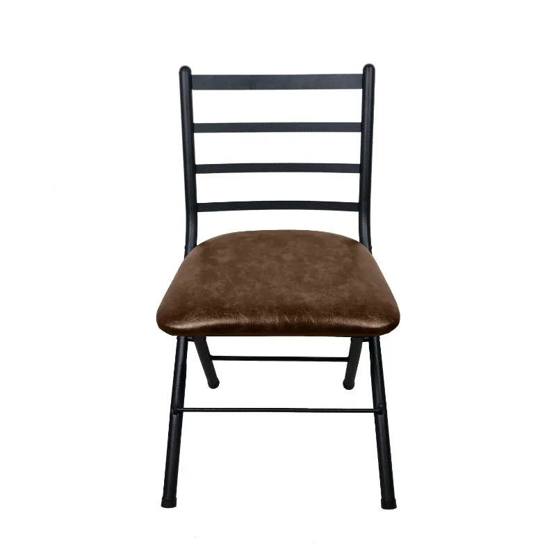 Indoor Black Folding Slat Chair with Brown Vegan Leather Seat