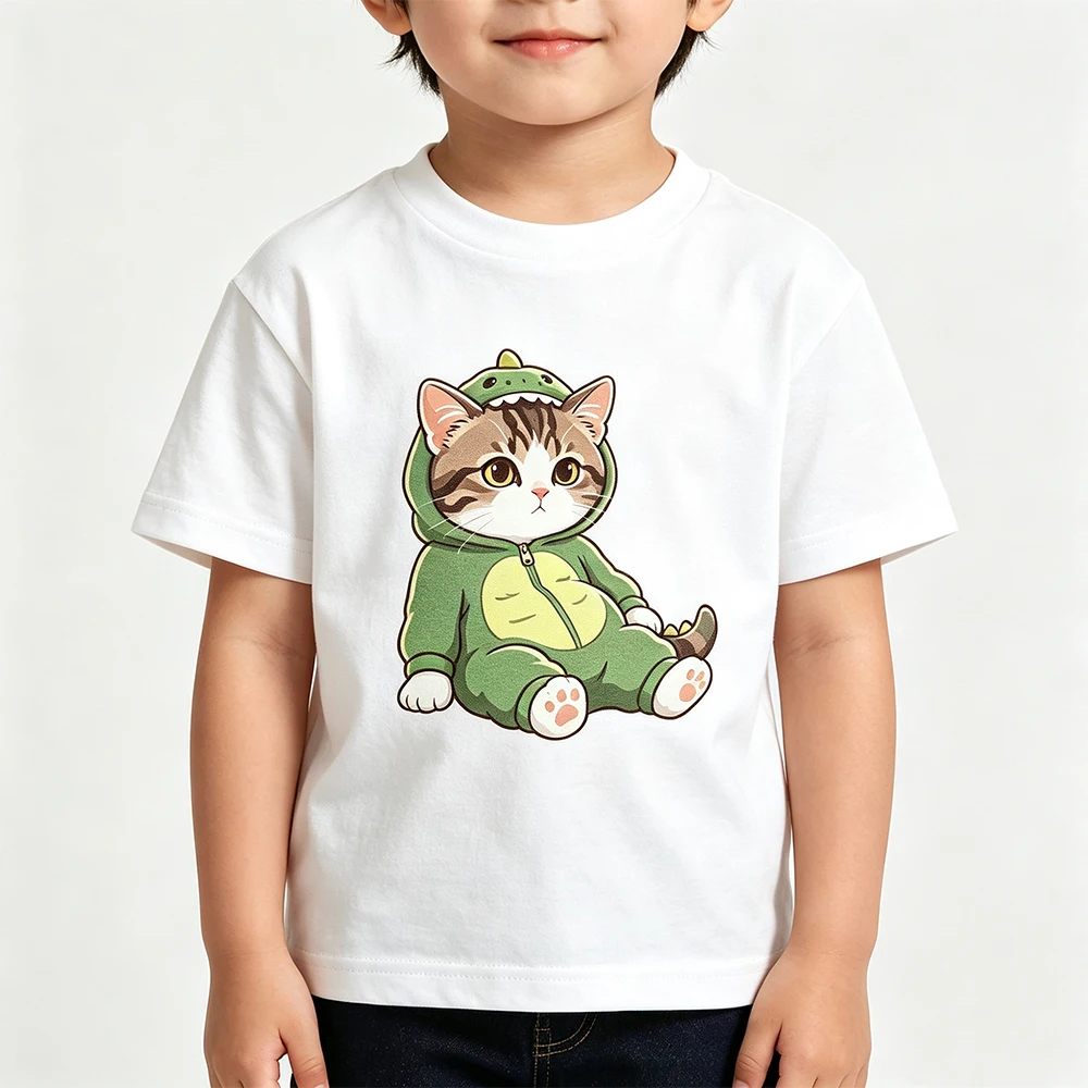 Children's pure cotton short sleeved T-shirt with comfortable, soft, cute cat dinosaur print