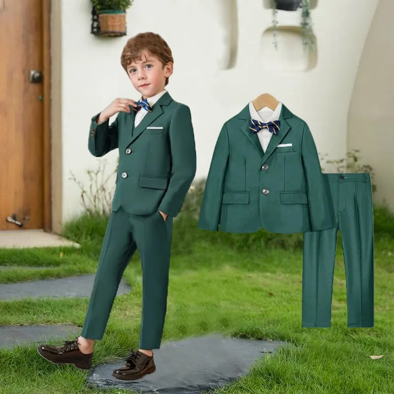 Boys Green 3Pieces/Set Blazer Jacket Trousers Bowtie School…