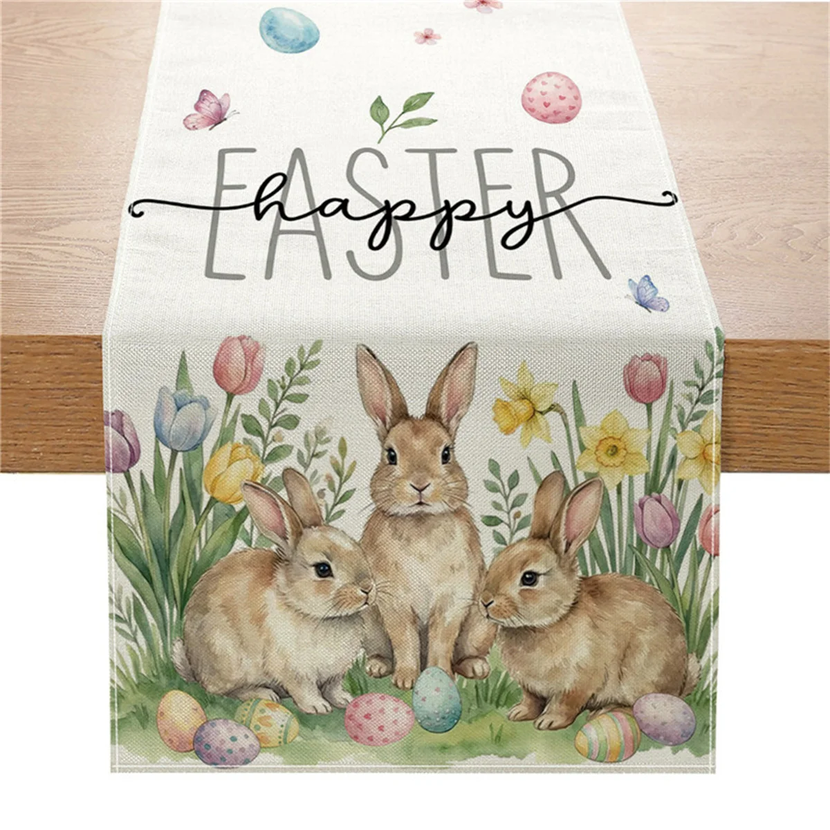 Fröhlicher Oster-Hasen-Tischläufer, Aquarell-Blumen-Ei- und Tulpen-Dekor für Frühling, Christliche Feiertage und Tischdekoration