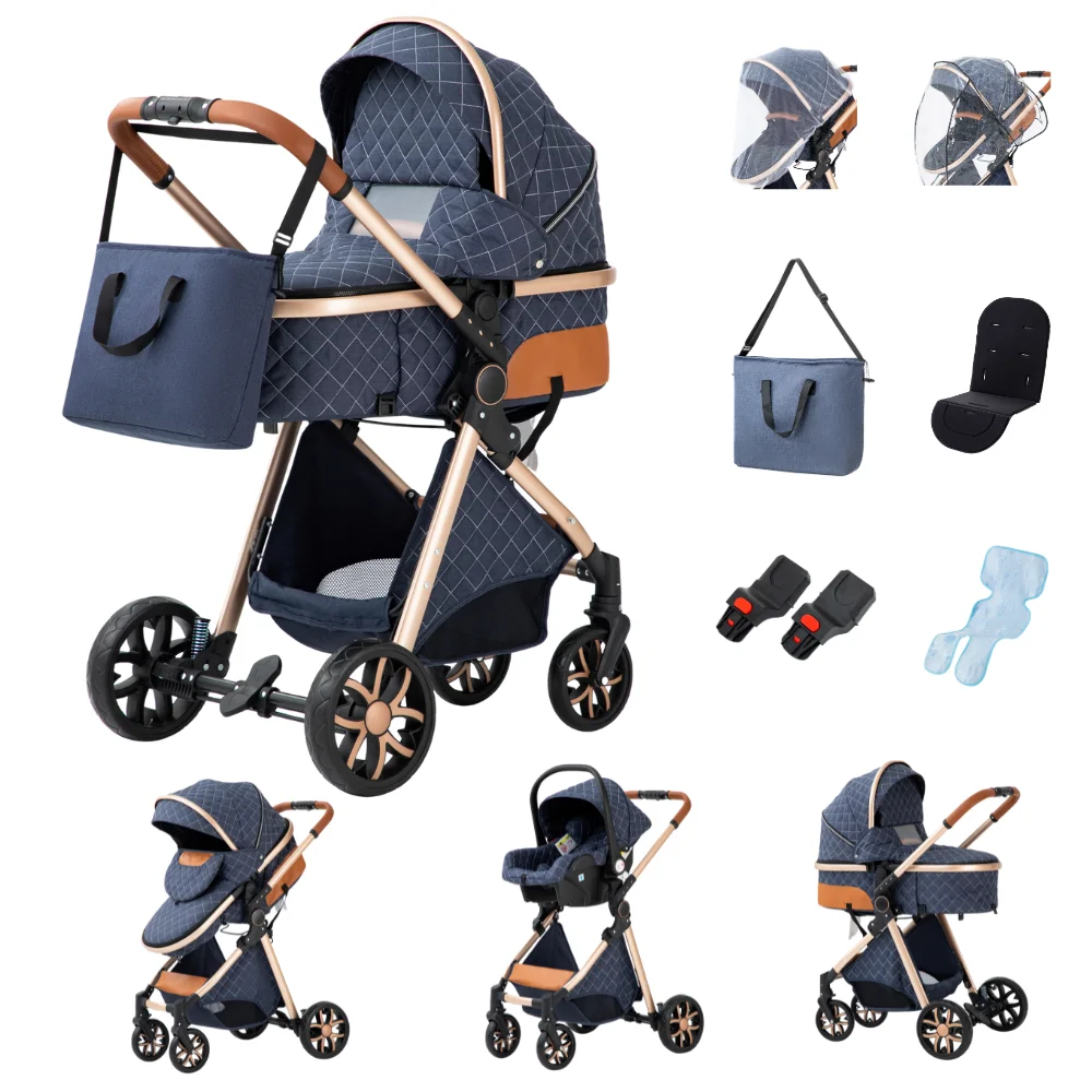 3-in-1 Babywandelwagen, vierwielige kinderwagen, hoge ligging met muskietennet, opvouwbaar, schokbestendig, vierwielige kinderwagen