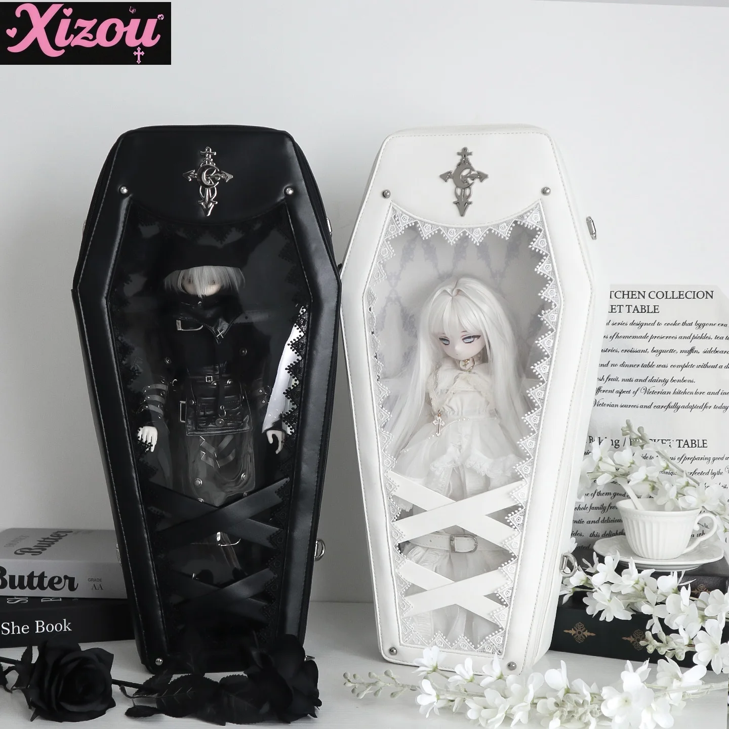 Original Goth Dark Wind Halloween Y2k Quarter BJD Crossbody Backpack Women College Wind Sweet Coffin Lta Bag Bjd Baby Bag Girl