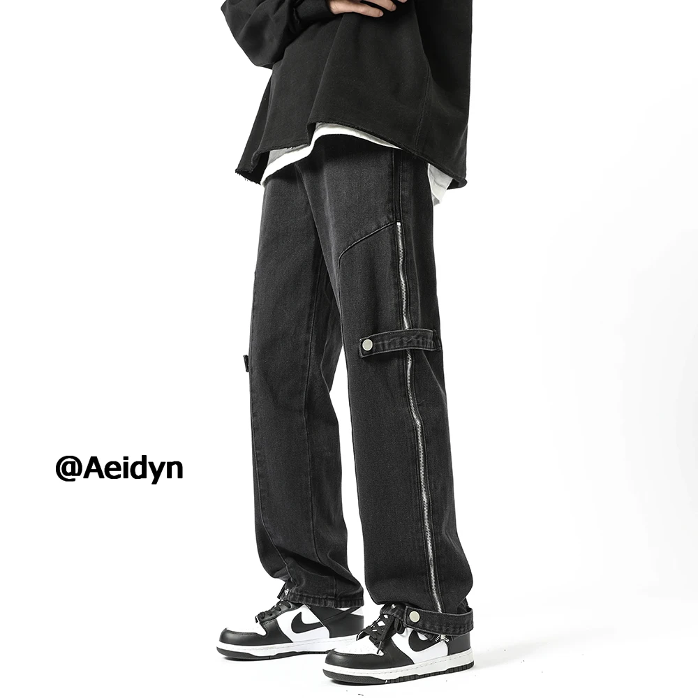 

Bla Zipper Straight Leg Loose Jeans Men's Spring Autumn Trendy High Street Vibe Thin Model Youth Wear Resistant Casual Jeans