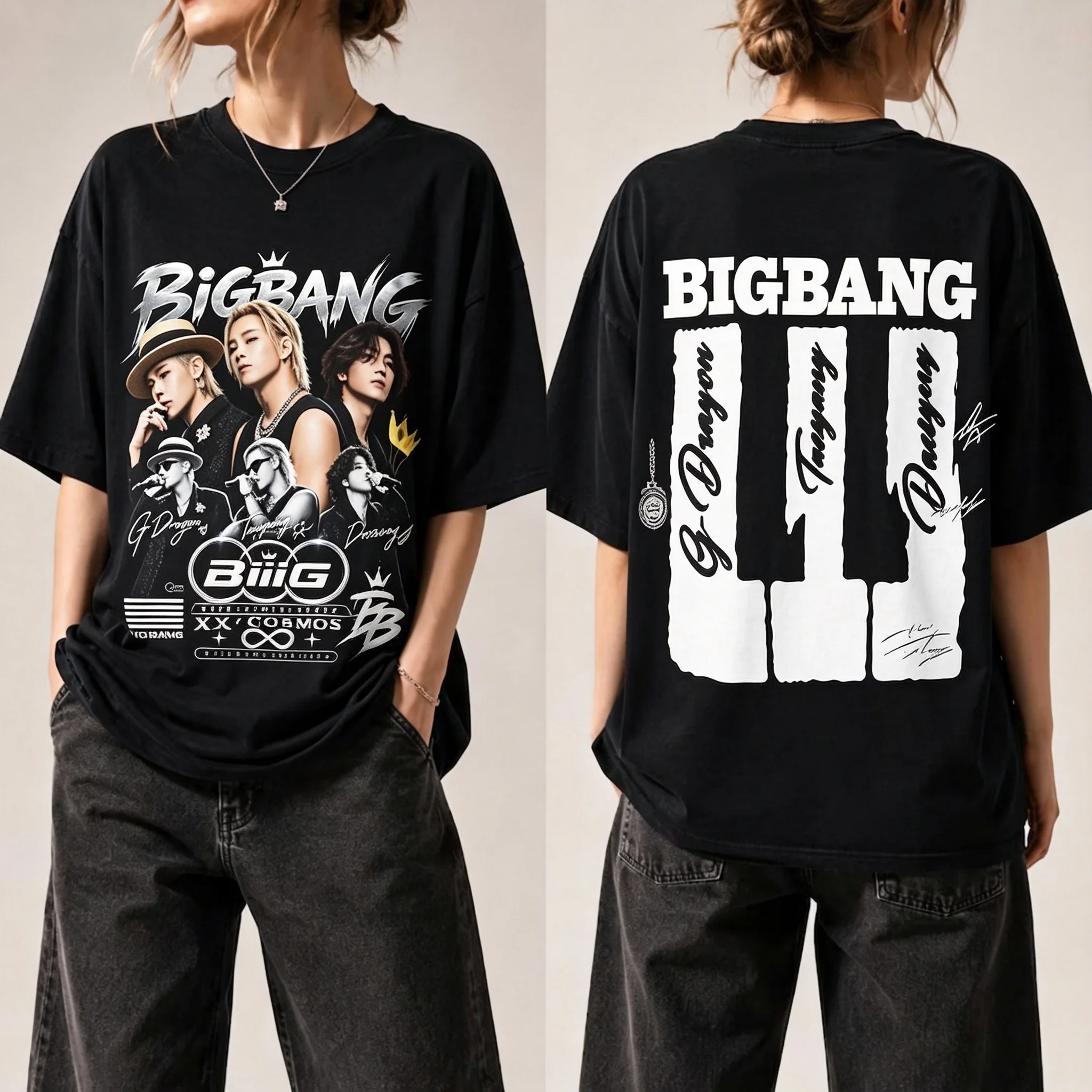 Bigbang 20Th Anniversary Merch Tshirt Cosmos World Tour Front Back Portrait Print Kpop Unisex Short Sleeve T-Shirt For Fans
