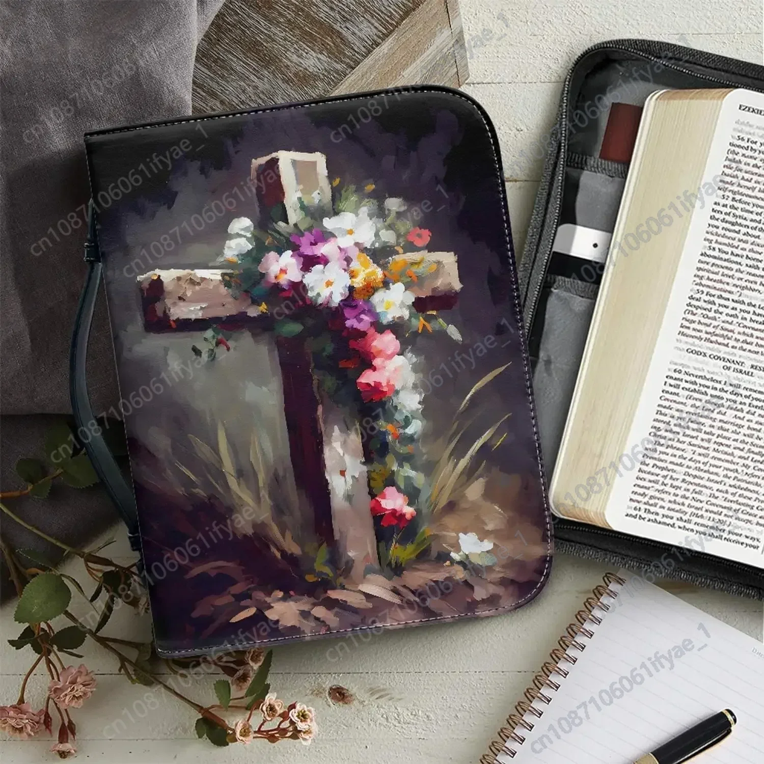 Pink Flower Cross Bible Cover for Girl Medium Size Bible Cover for Women Men Leather Rose Bible Case with Zipper Handle Carrying