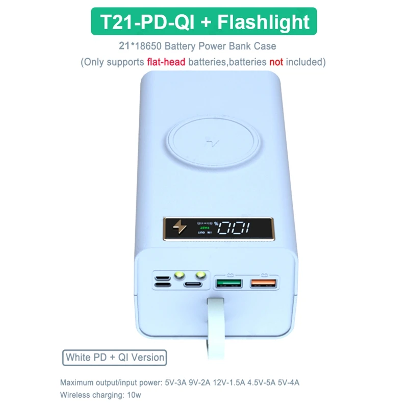 21X18650 Battery Storage Box LED Light PD Quick QC3.0 Charge 18650 Battery Power Bank Case Shell 15W Wireless Charging