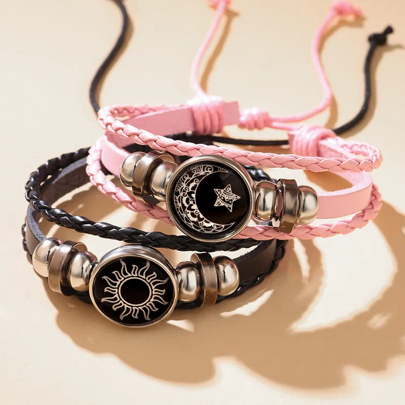 Fashion Korean Retro Sun And Moon PU Leather Luminous Couple Cowhide Bracelet Leather Rope Woven Bracelet For Lovers Jewellery