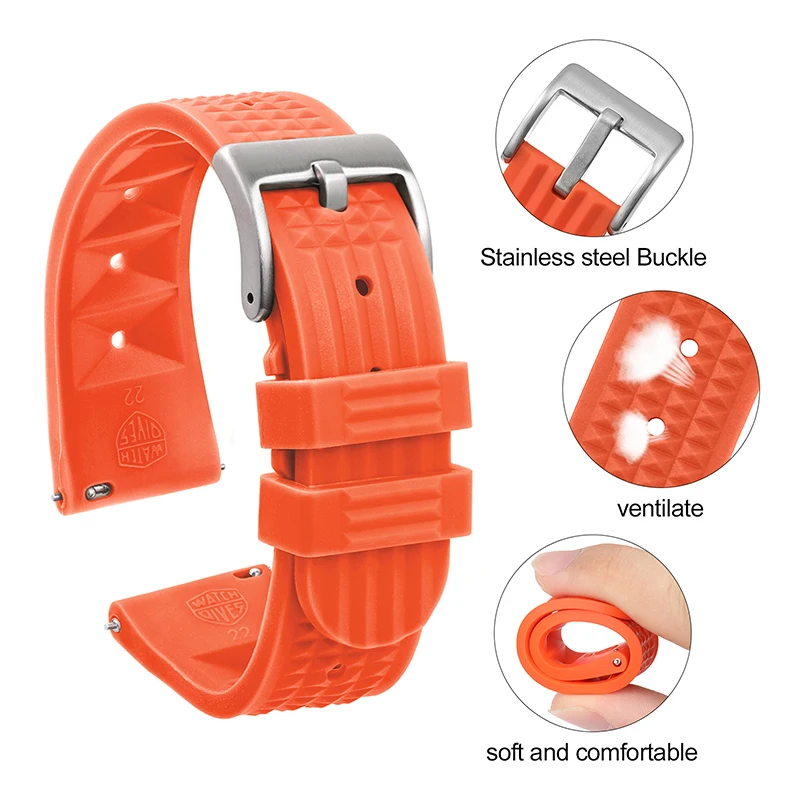 Watchdives Premium Grade Waffle FKM Watch Band 20mm 22mm Fast Release Fluoro Rubber Watch Strap For Traditional Diving Watch image 2