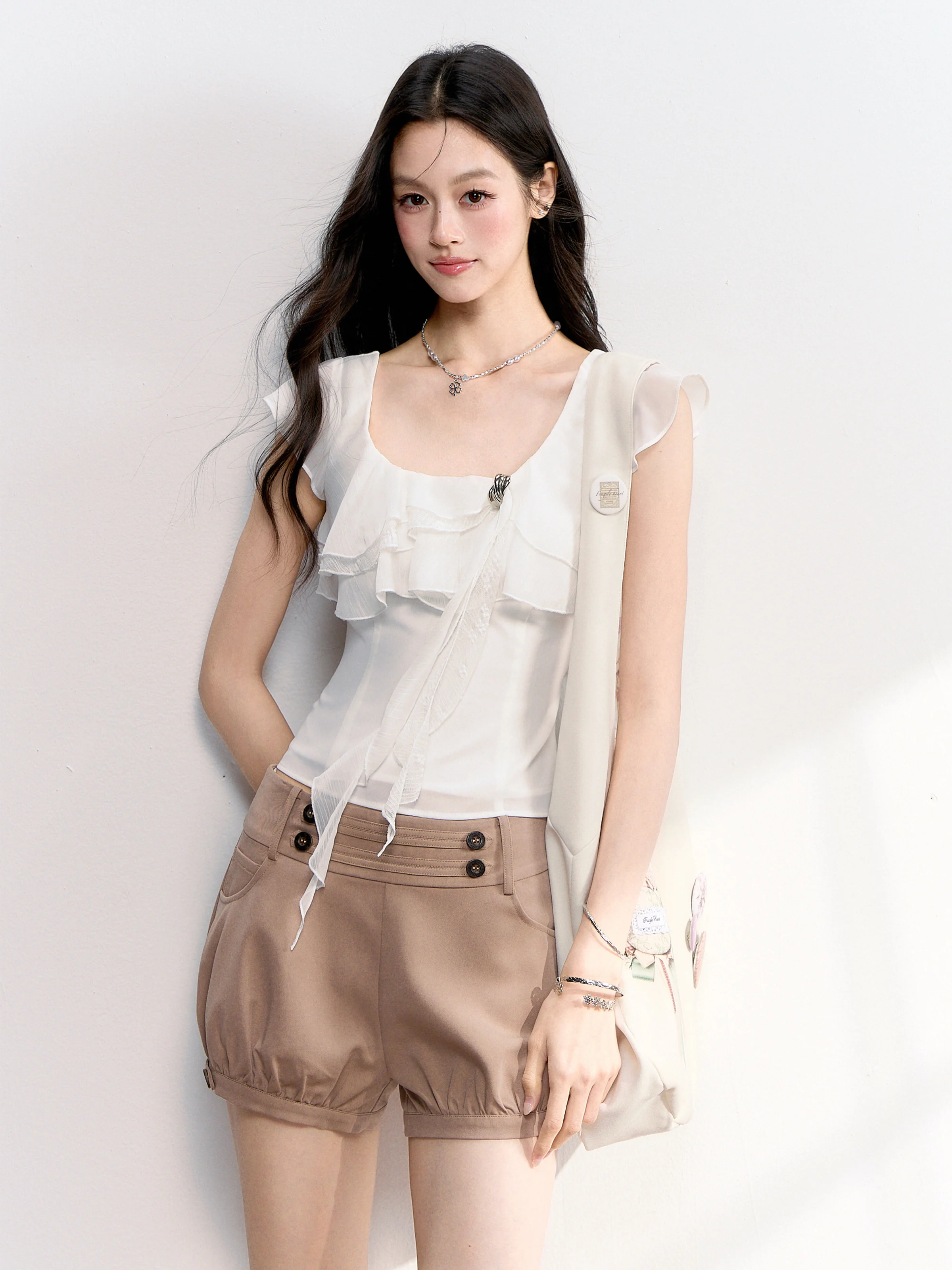 Fragile Heart Summer Lace Patchwork Hem T-Shirt with Flying Sleeves And Sashes Women's Korean Style Slim Fit Short Sleeve Top