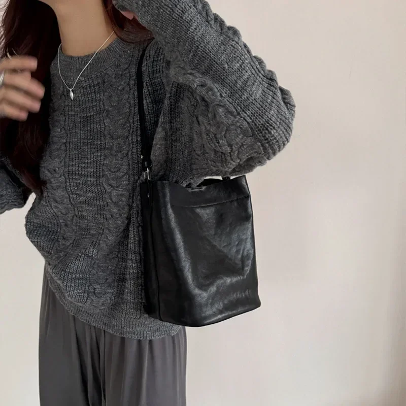 

New Women's Top-Grain Cowhide Bucket Bag Crossbody Tote