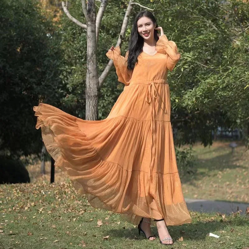 2026 Spring/Summer Elegant Women Chiffon Long Dress Long Sleeve Seaside Vacation Beach Dress Solid Color Elegant Ladies Vestidos