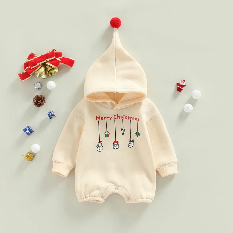 Cotton Baby Girls Christmas Jumpsuit Clothes Long Sleeve Hooded Letters Print Warm Romper Playsuits Xmas Baby Costume