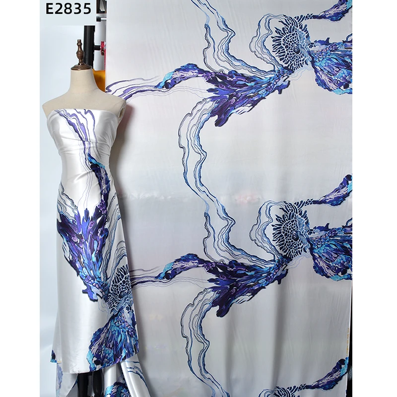 HYSK Soft Printed Silk satin Fabric By The Yard 114cm Width Flower Fabrics for Women Dress Diy Sewing Cheongsam Shirt SGS E2835