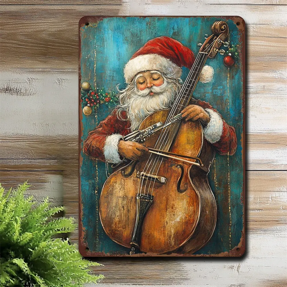 Father Christmas Violin Metal Wall Art Iron Poster Suitable for Home and Garden Holiday Wall Decoration Vintage Interior Artwork