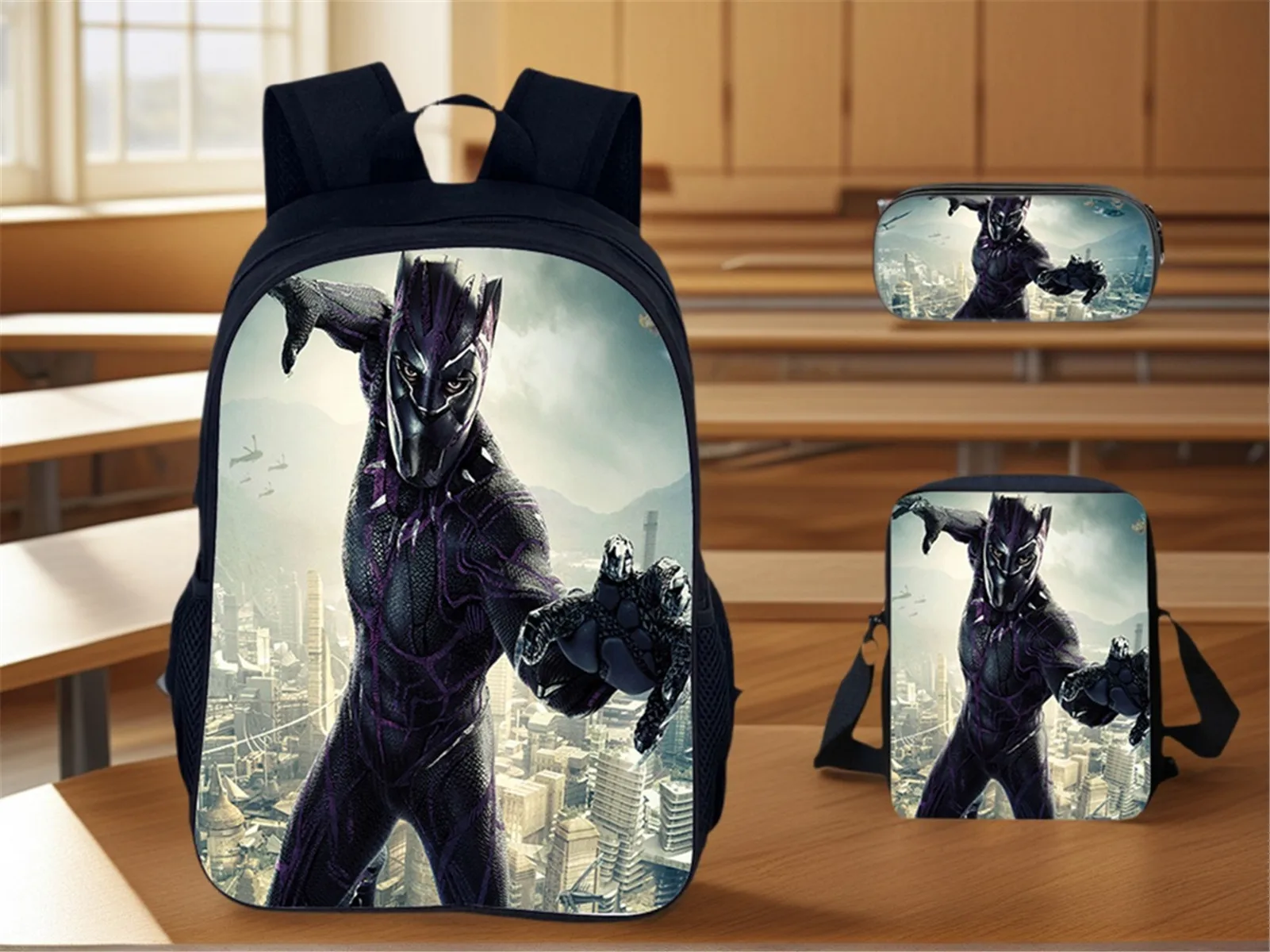 

3 in 1 School Bag Set-Kid Black Panther Classic Backpack+Marvel Shoulder Bag+Miniso Pencil Case
