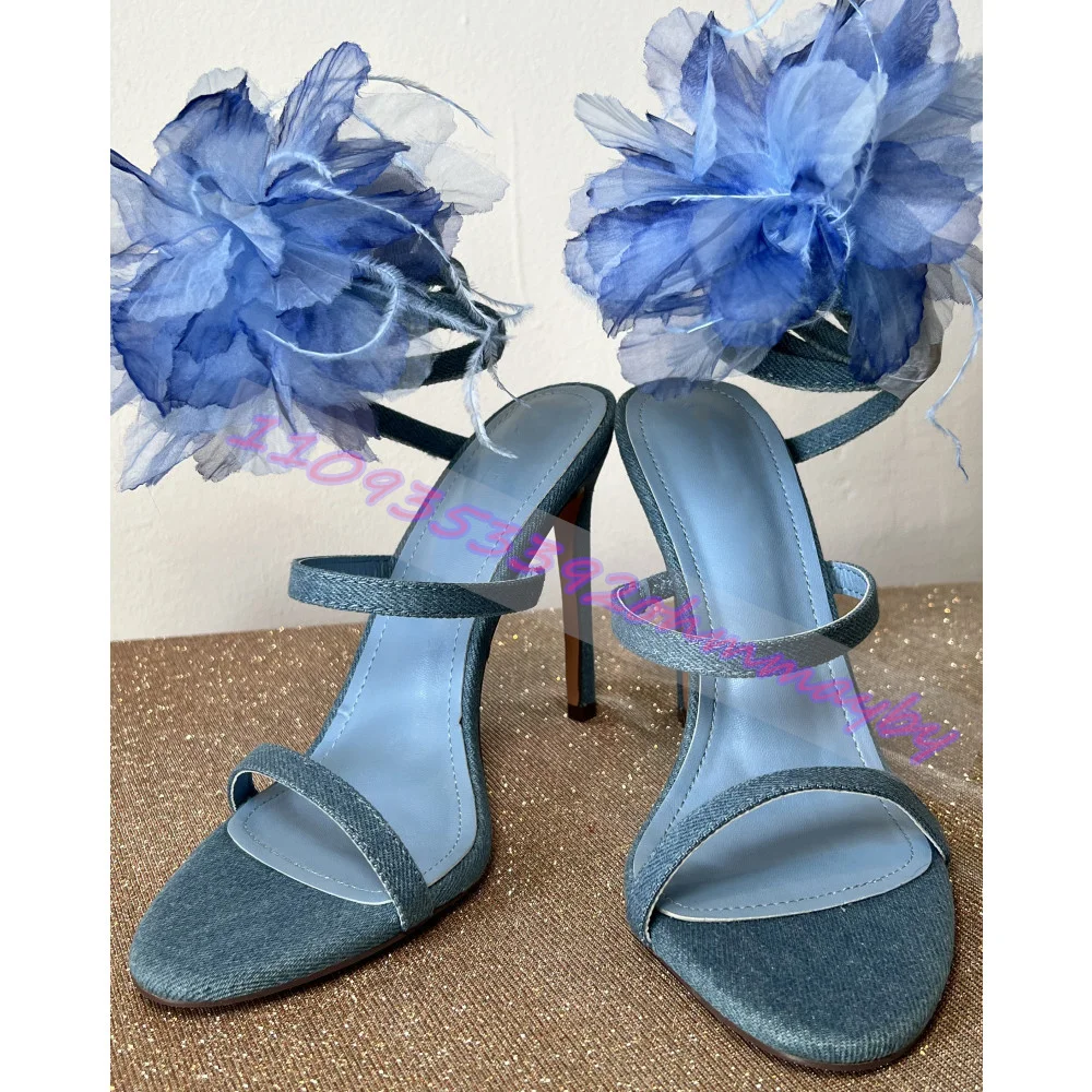 

2026 New Blue Butterfly-Embellished Open-Toe High Heels Women'S Denim Stiletto Ankle-Wrap Sandals Elegant Summer Party Shoes 46