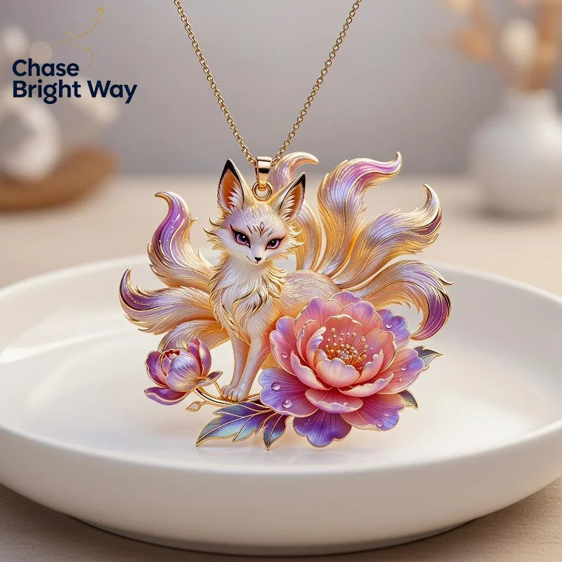 Chinese Mythology Nine-tailed Fox Enamel Pendant Necklace Fashion Minimalist Jewelry for Women Valentine's Day Gift for Her