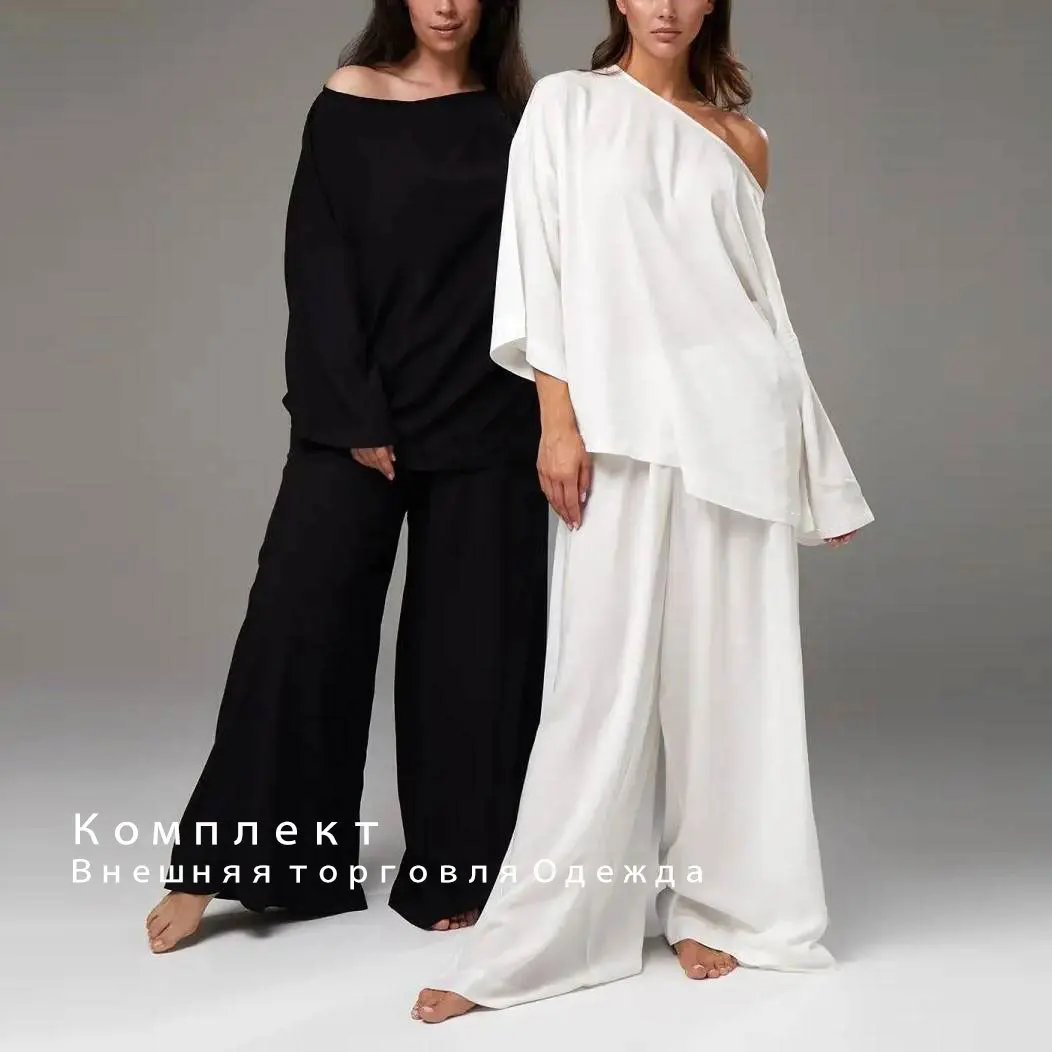 

Off-shoulder French Minimalist Style Lazy Casual Loose Textured Top Trousers Women's Suit Capable and Neat and Versatile