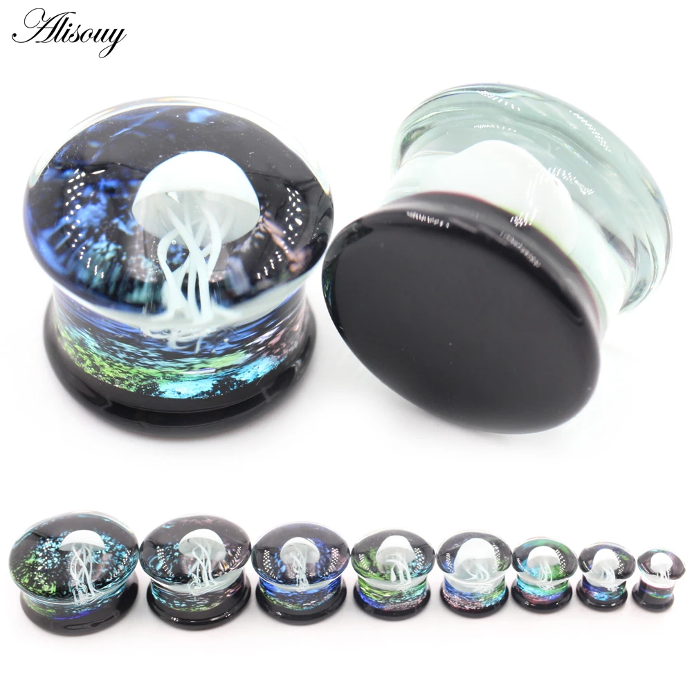Alisouy 1PC 8-25mm White Jellyfish Round Glass Ear Plugs Tunnel Guages Stretcher Expander Extender Earring Piercing Body Jewelry