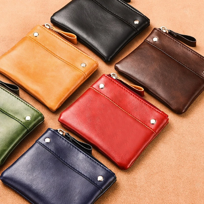 New Men's Coin Purse Short Solid Colour PU Coin Pouch Ladies Mini Zipper Card Coin Purse Car Storage Pocket Pouch Leather