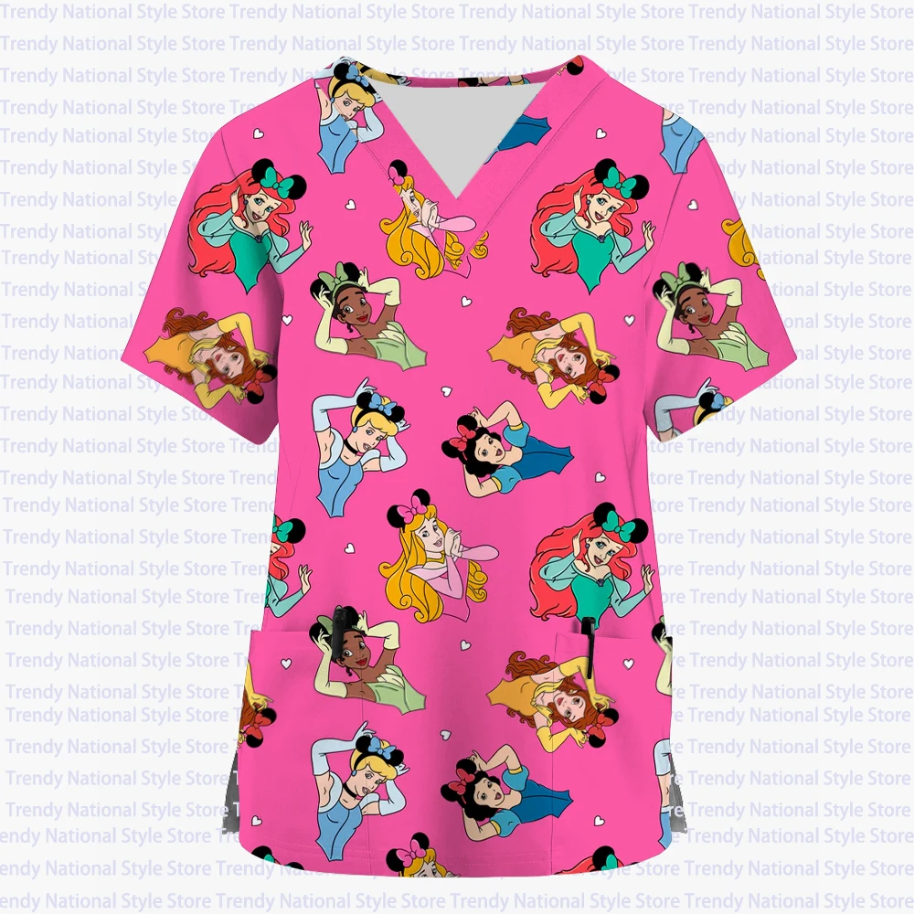 Summer New Women's Uniform Disney Princess V-neck Short-sleeved Frosted Top Printed Nurse Dental Beauty Salon Women's T-shirt