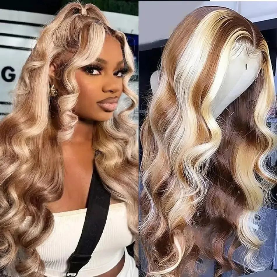 

4/613 Balayage Коричневый Блондин Парик Фронта Шнурка Объемная Волна 13x4 HD Предварительно Сорванные Парики Выделите Кружевной Фронтальный Парик Синтетический для Женщин