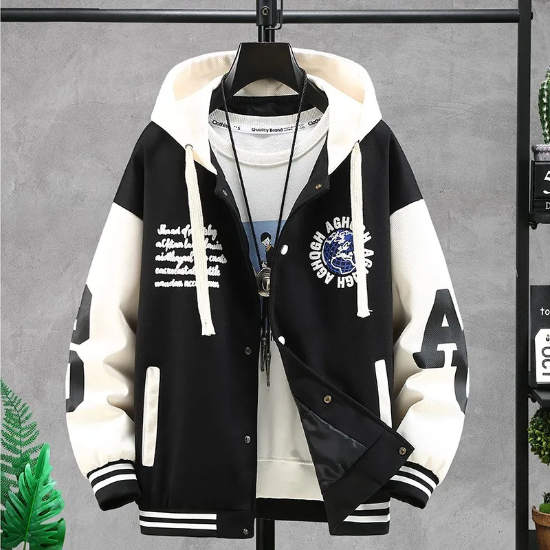 Men's Hooded Jacket Letter Shape Embroidery Baseball Uniform Autumn Couple Bf Coat Trend Street Club Men