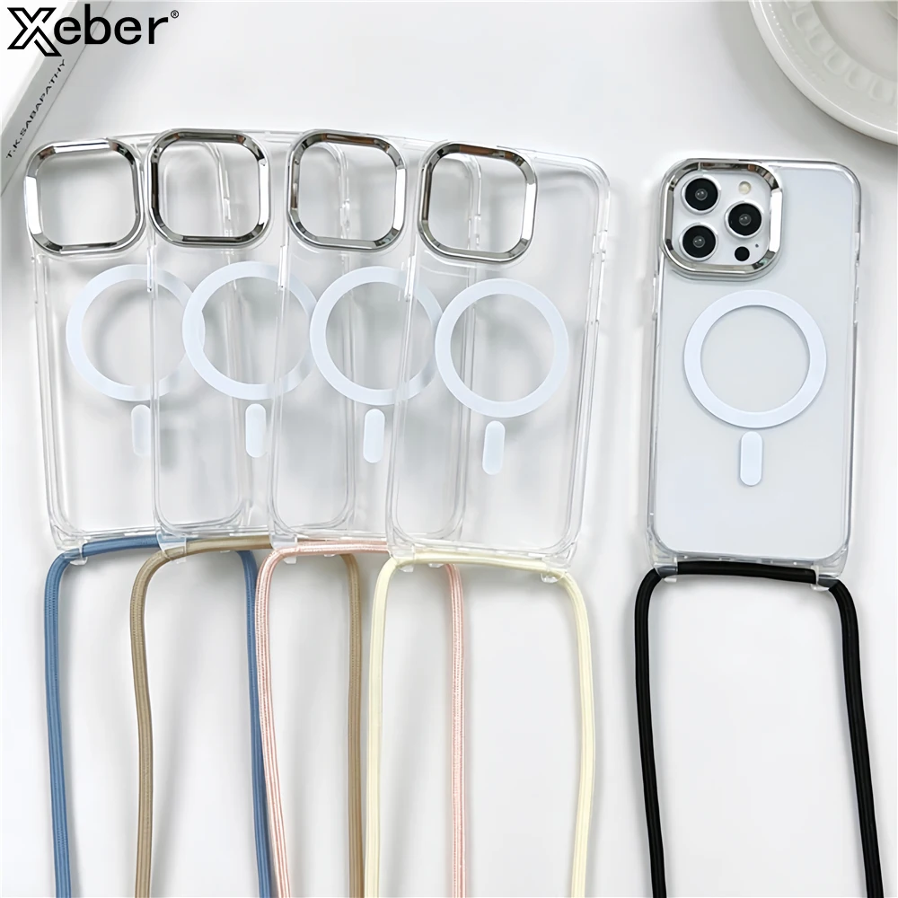 Crossboby Lanyard Cord Rope Necklace Magnetic For Magsafe Case For iPhone 11 12 13 14 15 Pro Max Plus Clear Hard Protector Cover