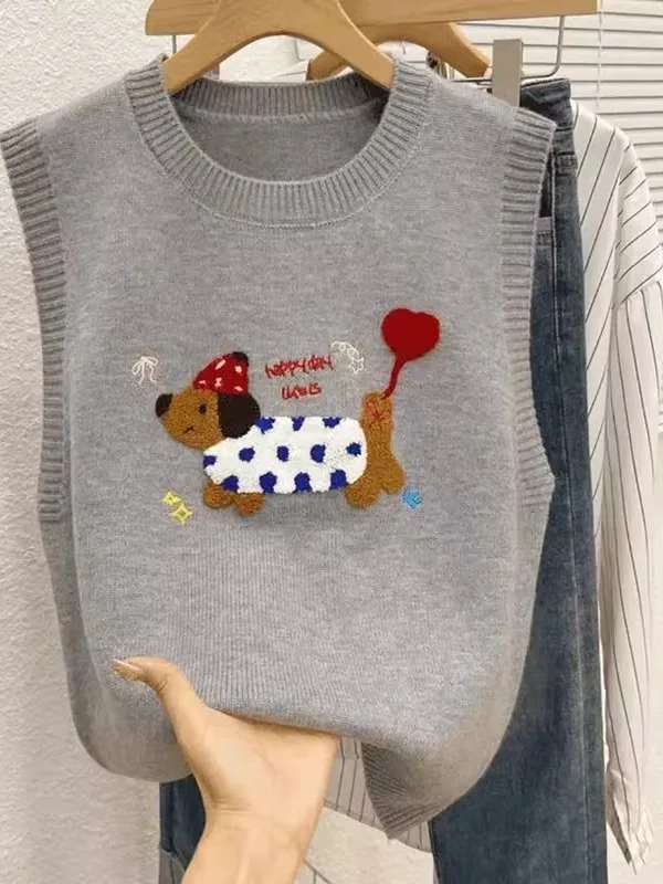 Cartoon Embroidered Dog Knitted Vest Women's Autumn Winter Loose round Ne Svel Sweater Vest Faionable oulder Trend